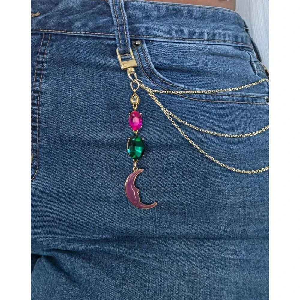 Whimsical Celestial Purse Chain Gold Tone Multi Strand Bag Charm Moon Cat Jewel